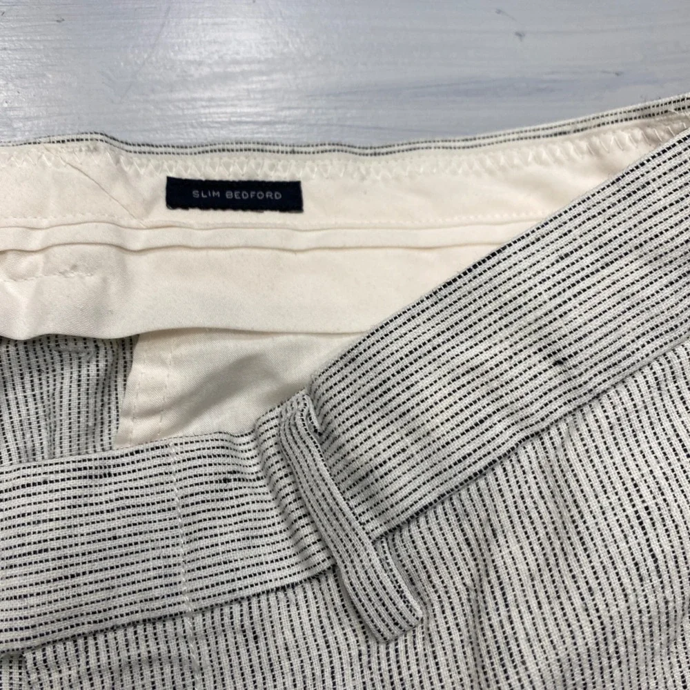 J.Crew Slim Bedford Pants Mens 32x34 White Blue Stripe Linen Blend Dress Casual